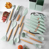 Conjunto de 19 Utensílios de Cozinha em Silicone e Madeira – Resistentes e Elegantes